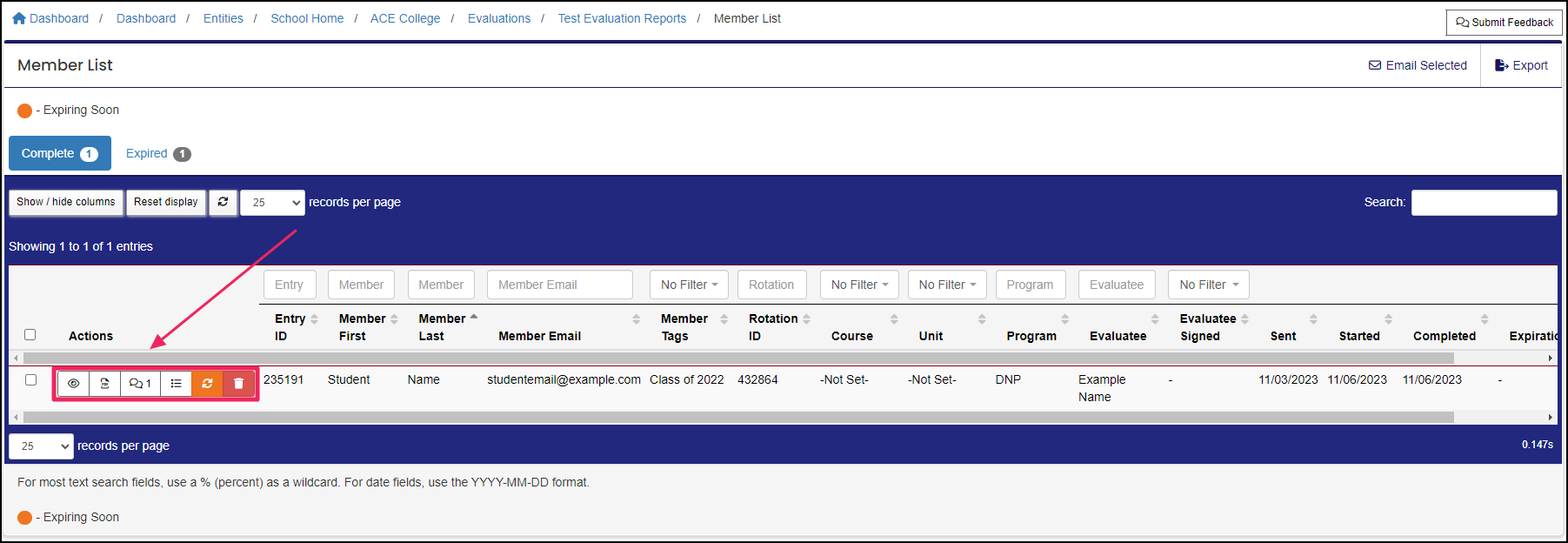 Evaluation Member List table highlighting action buttons.