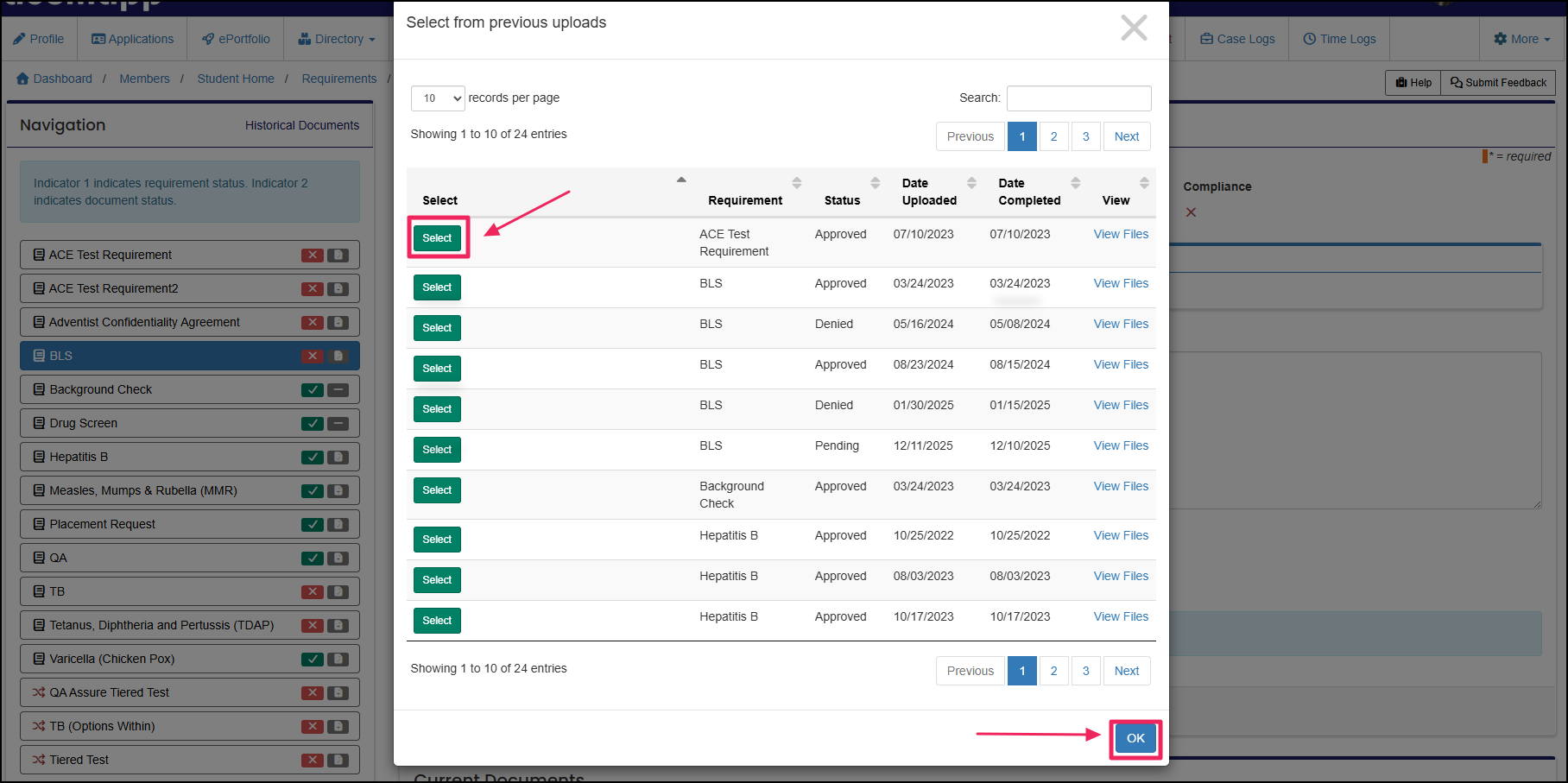 View previous uploads popup highlighting the select and ok buttons.