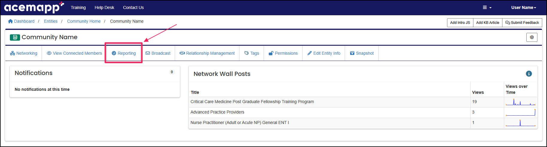 Community home page highlighting Reporting button.
