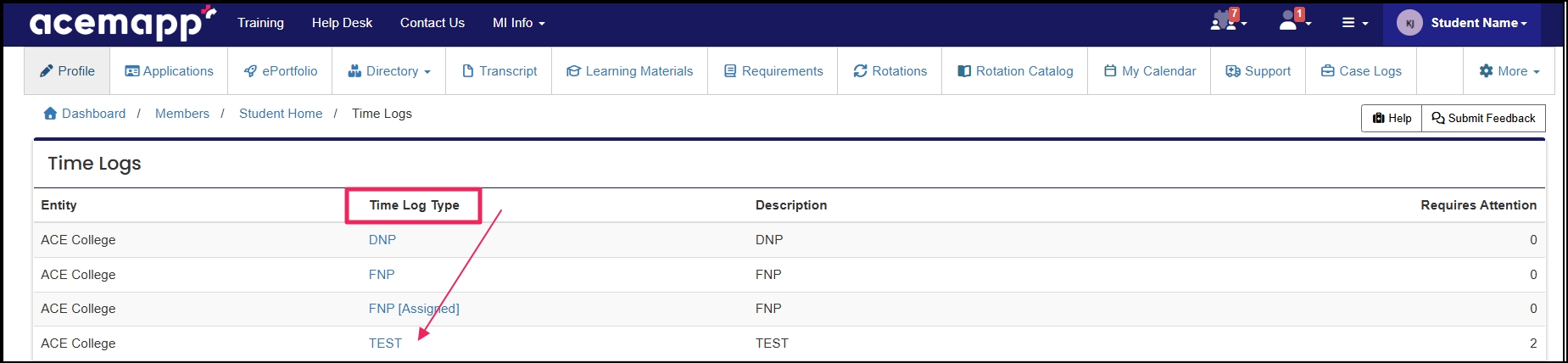 Time Logs tab showing hyperlinked time log types