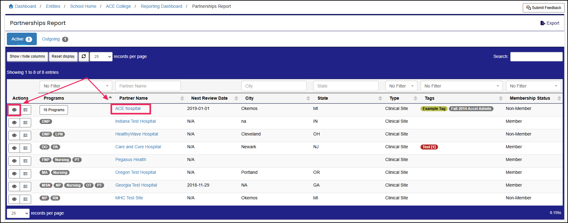Partnerships report highlighting the view button and the hyperlinked partner name.