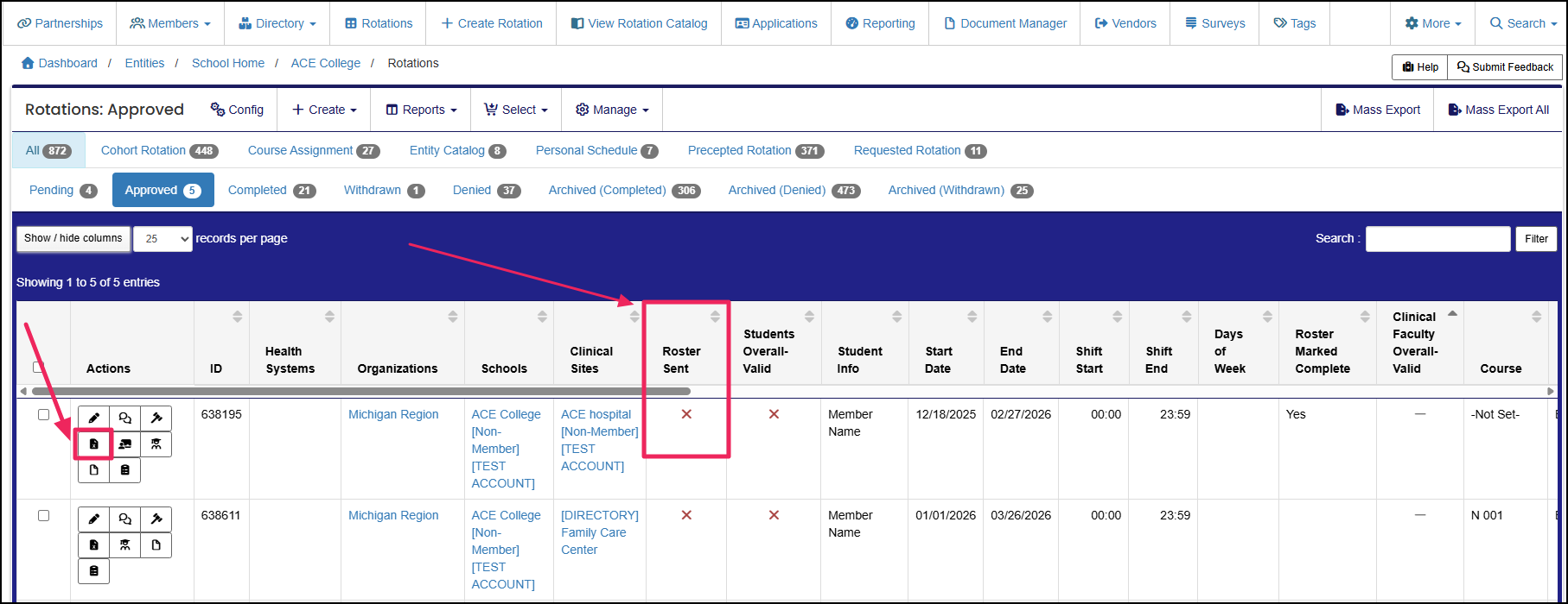 Roster Sent Column in the Rotation table and the Profile Completion Report under the Action Icons