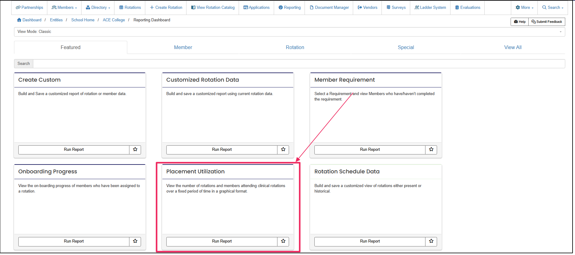 Reporting Dashboard highlighting Placement Utilization report tile