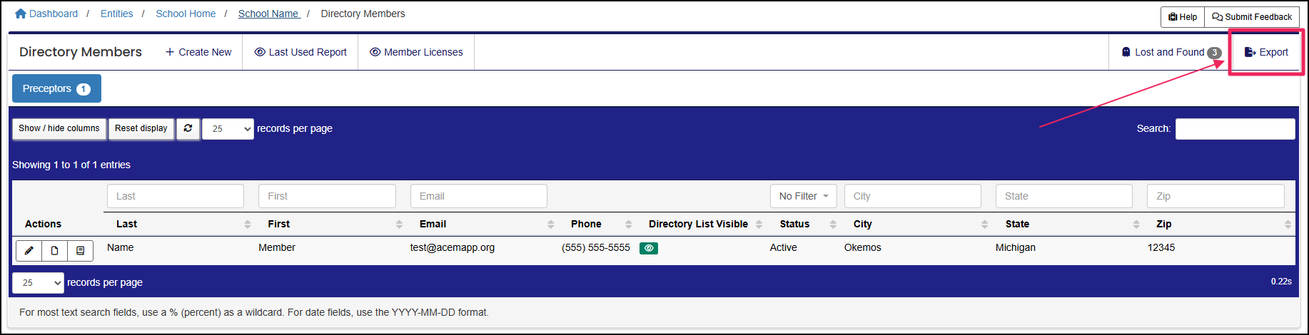 Directory Members table highlighting Export button