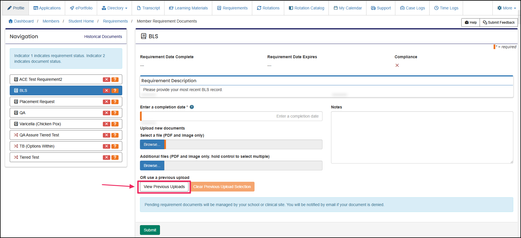 document upload form highlighting View Previous Uploads button