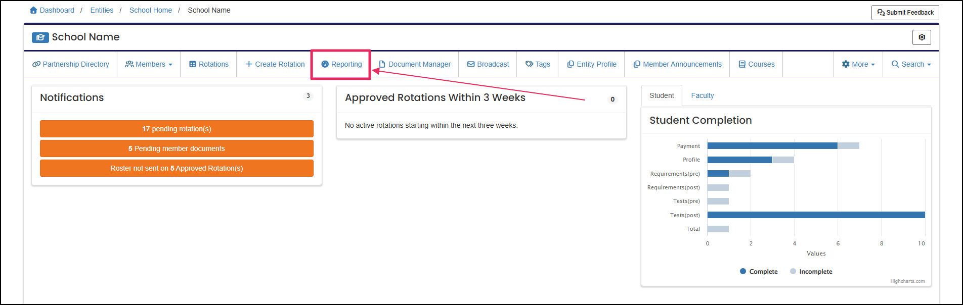 User home page highlighting Reporting button.