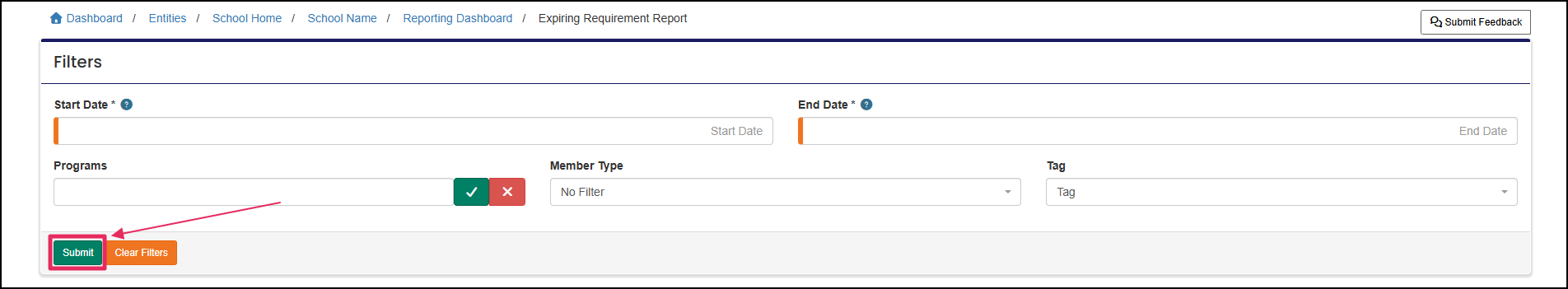 Report filters pointing to Run Report button.