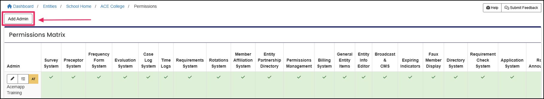 Permissions matrix highlighting the add admin button.