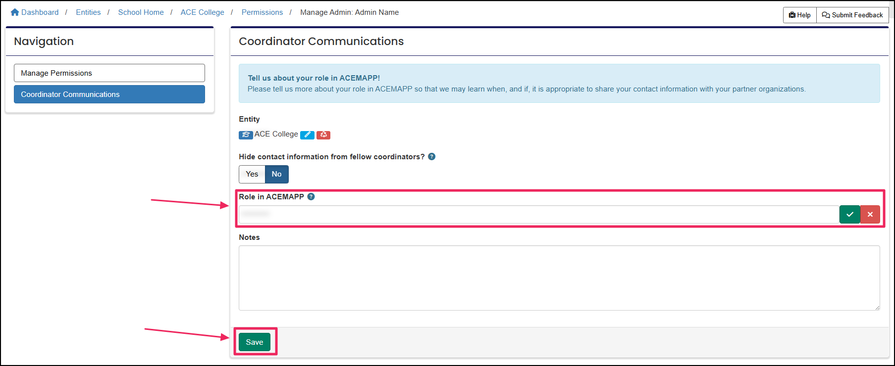 Coordinator communications page highlighting the role in ACEMAPP field and the save button.