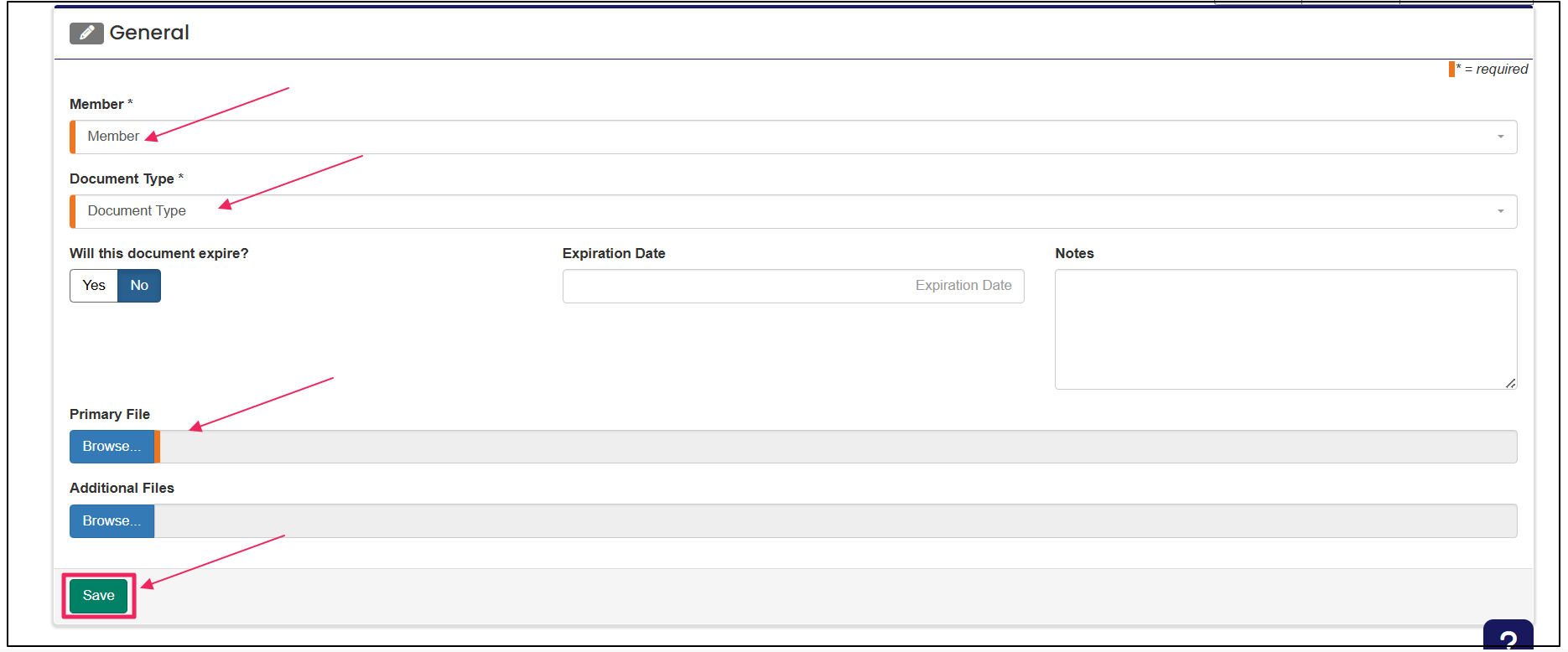 Add document form highlighting Members selector, Document Type selector, Browser files button and Save button