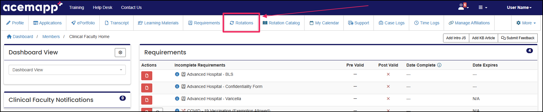 Home screen highlighting Rotations button