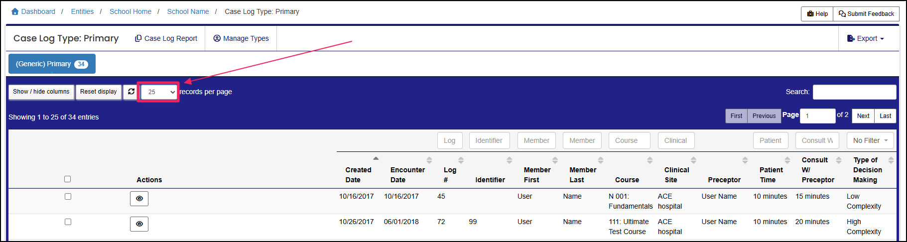 Case log table highlighting records per page.