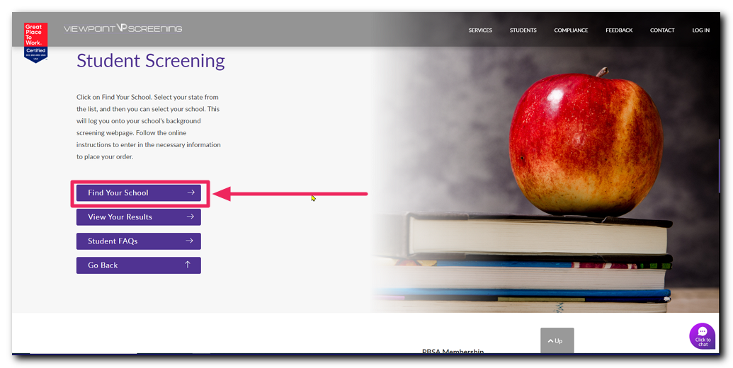 Viewpoint Screening homepage highlighting Find Your School button