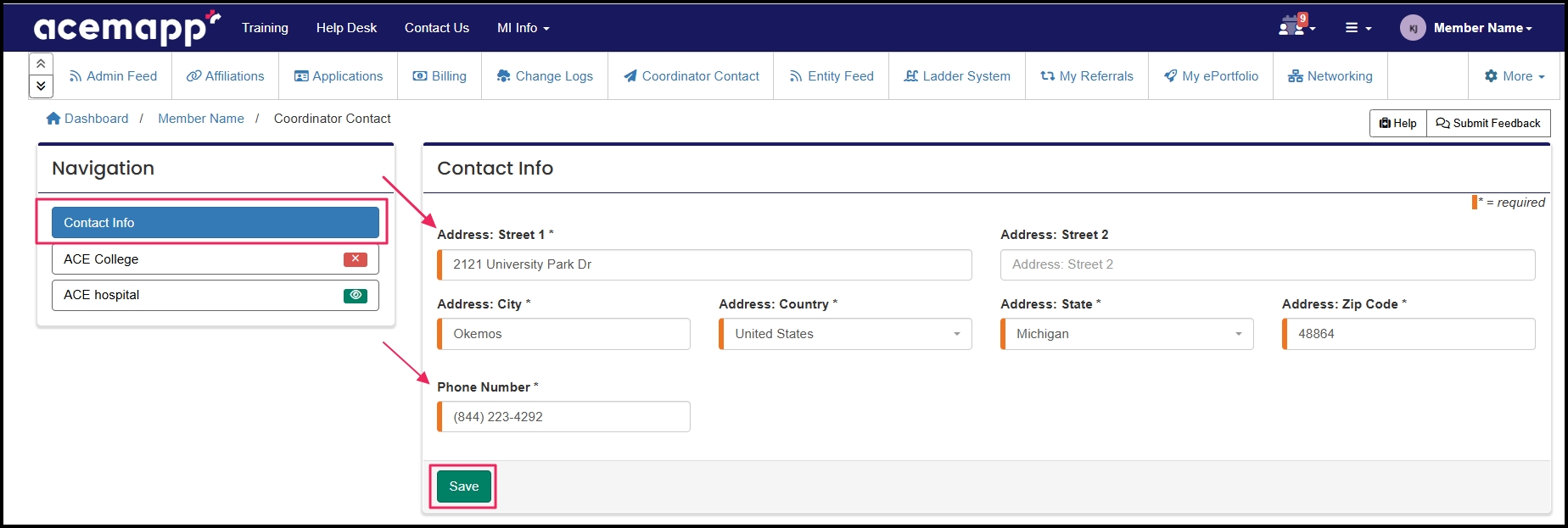 Inside the coordinator contact area pointing to the contact info tab and how to update it