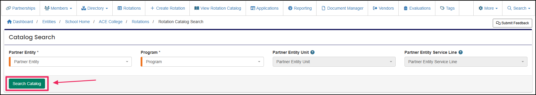 Rotation catalog search highlighting the search catalog button.