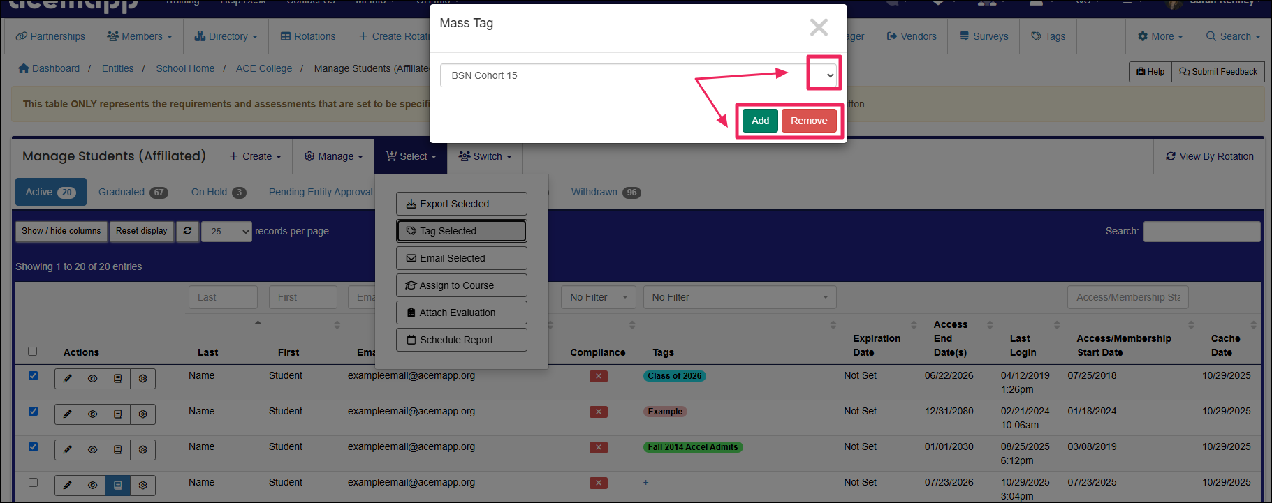 Mass tag pop-up highlighting the tag dropdown and add and remove buttons.