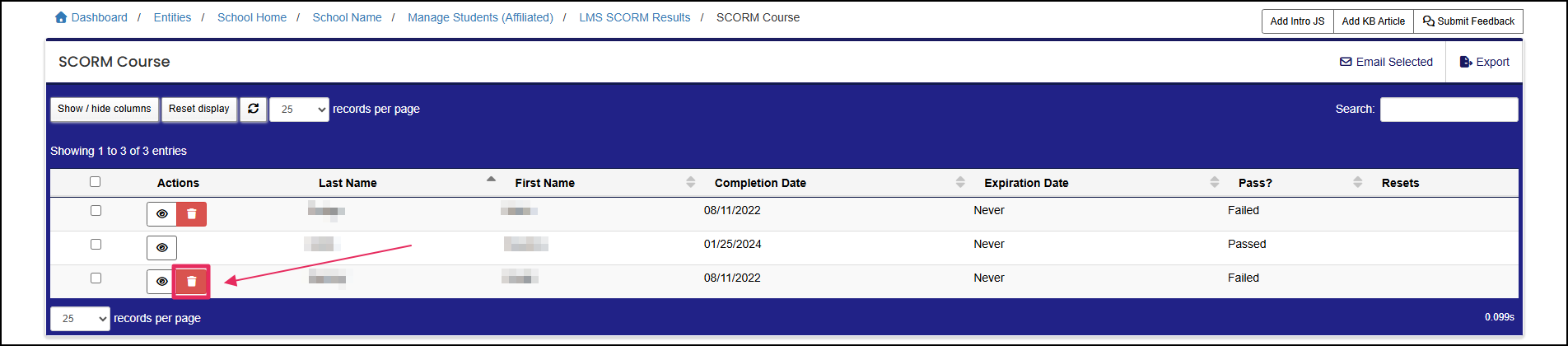 Results table with a delete button highlighted for a failed attempt