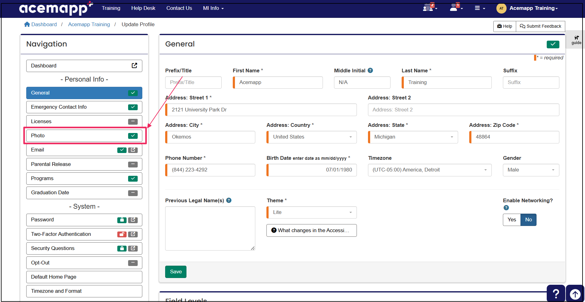 homepage dashboard with arrow pointing photo tab
