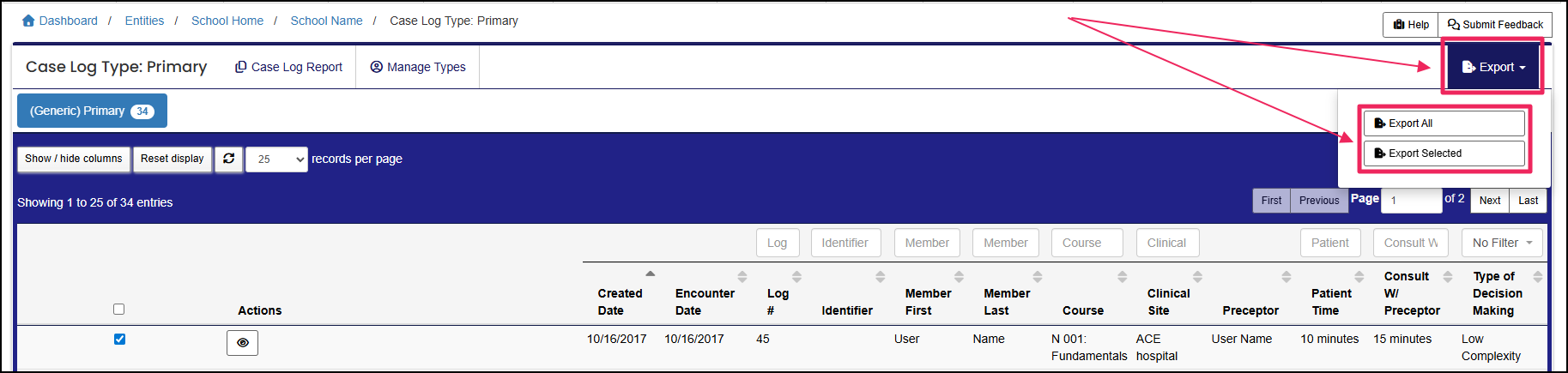 Case Log table highlight Export dropdown and Export All and Export Selected buttons
