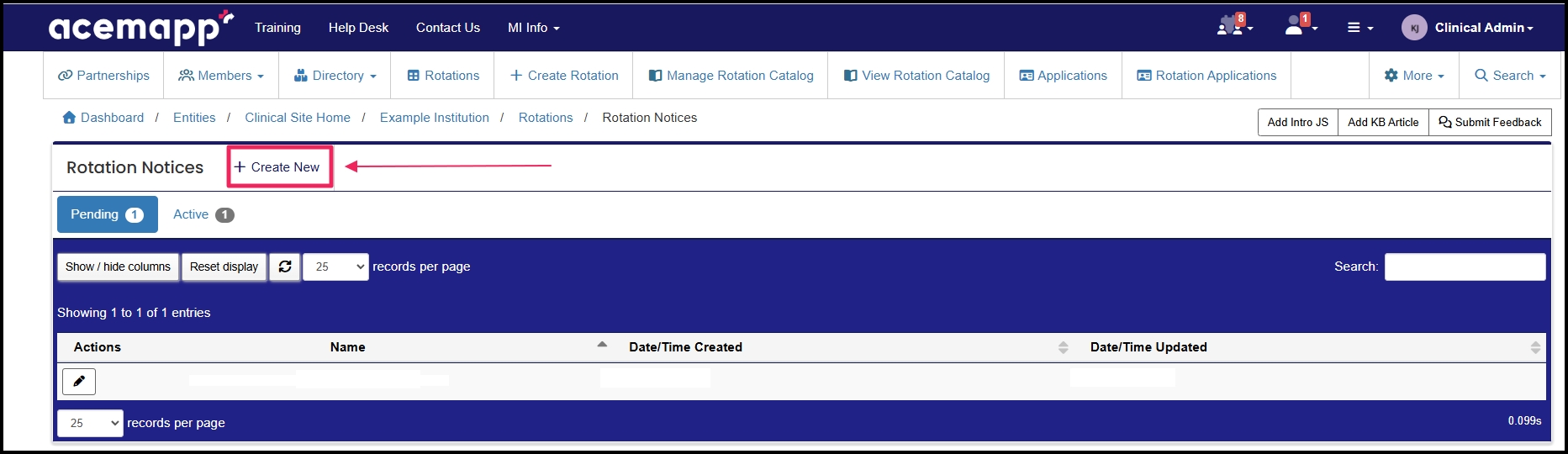Pointing to the create new button inside the rotation notices area