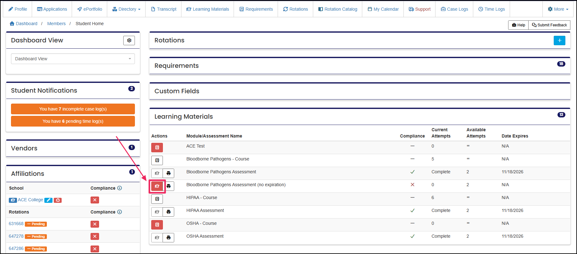 Member home page highlighting Learning Materials pointing to Take Assessment icon.
