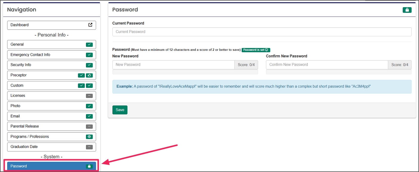 image shows password fields and save button