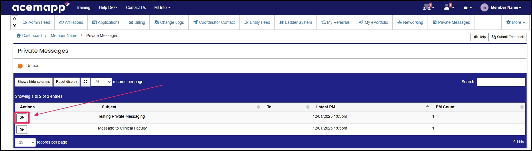 Pointing to the eye icon to open the private message