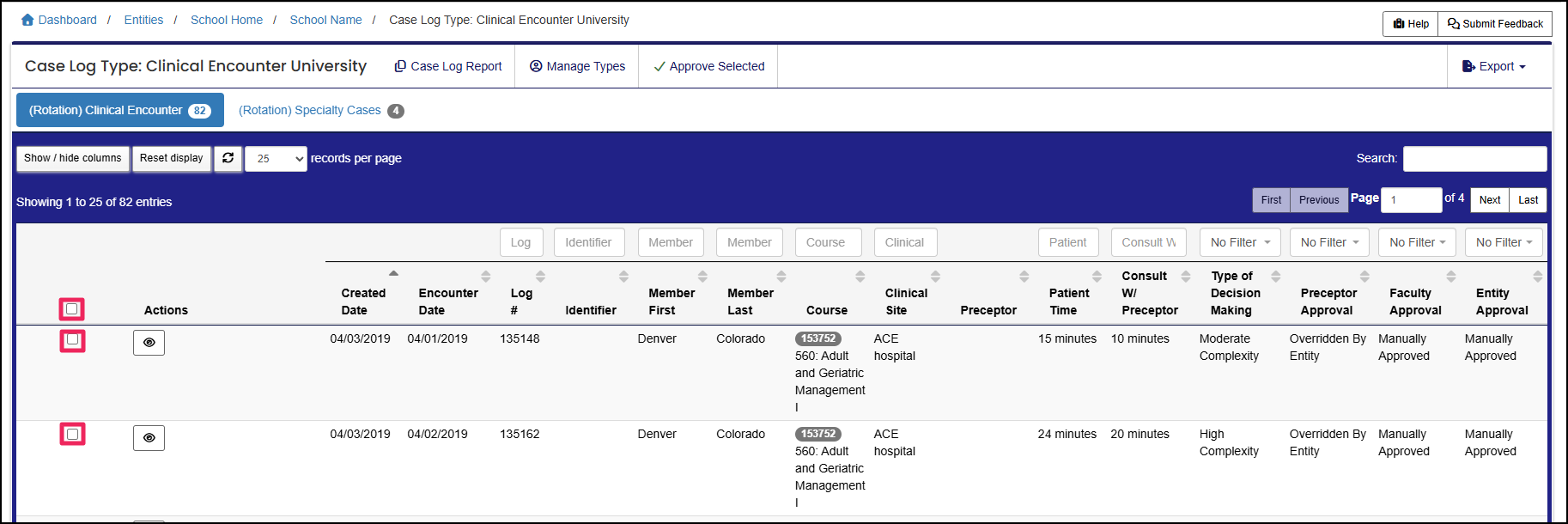 Case Log table highlighting Select All checkbox