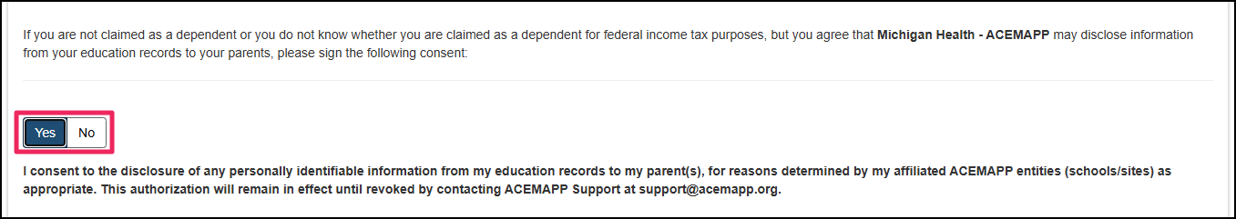 Parental Release form highlighting toggle button