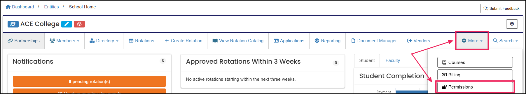 Entity home page highlighting the more dropdown and the permissions button.