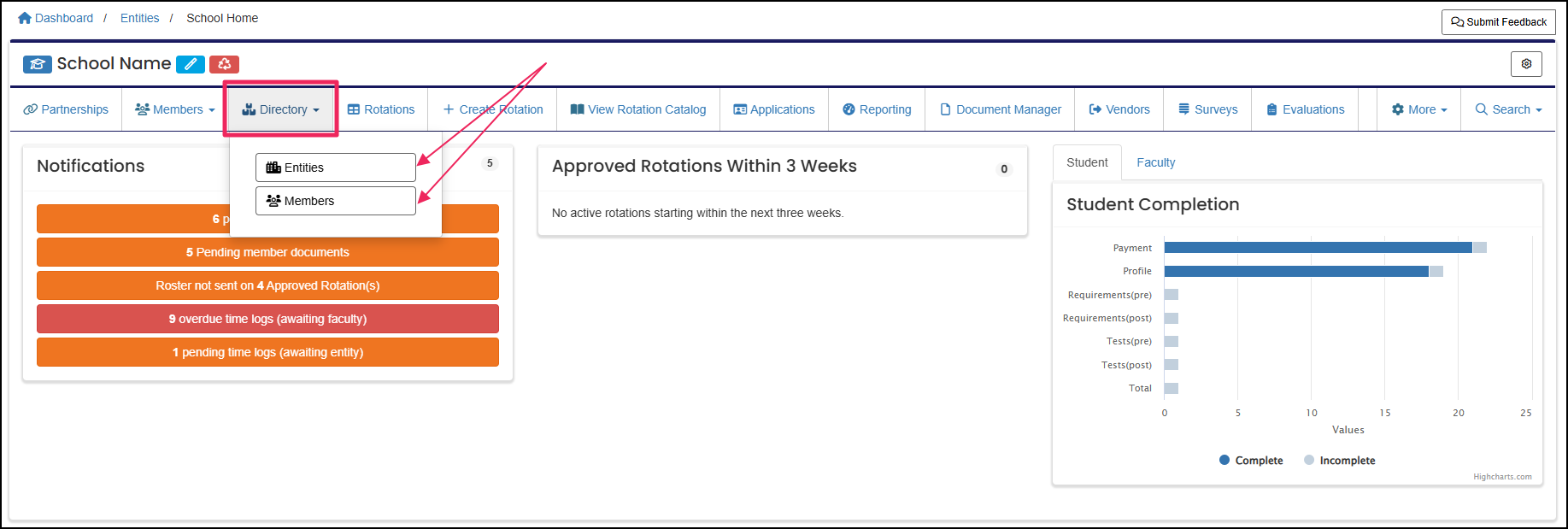 Home page highlighting Directory dropdown with Entity or Members option