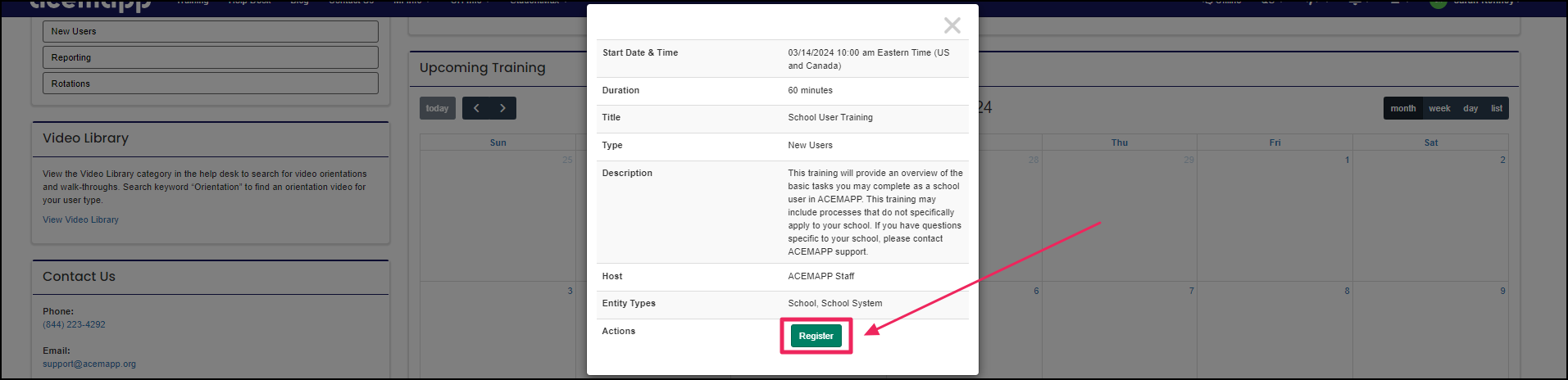 Training information and green register button